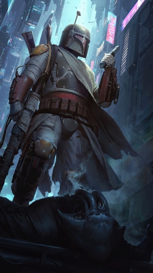 Boba Fett standing over a defeated figure in a futuristic city