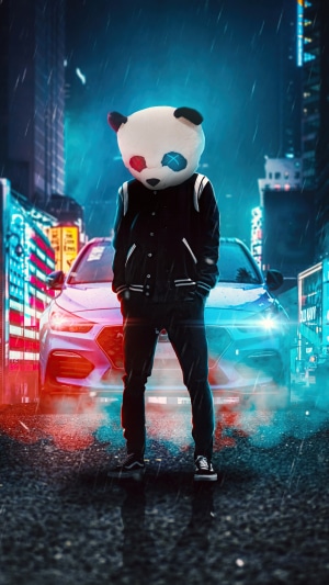 Panda mask artist in neon city at night