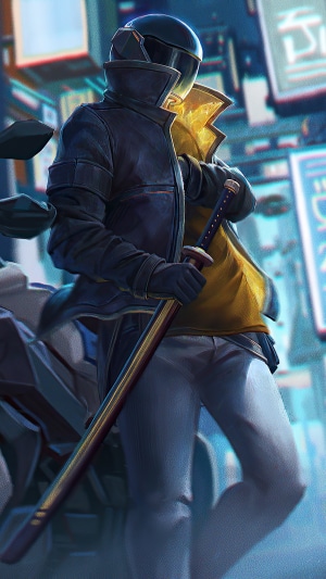 Cyberpunk character with katana and motorcycle