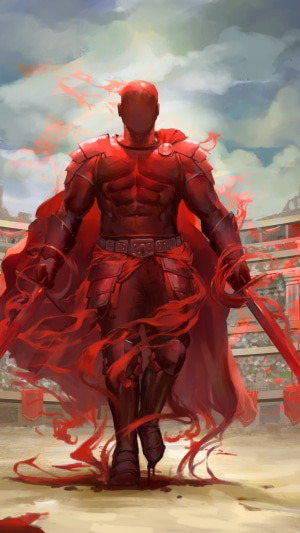 Knight in red armor with red smoke