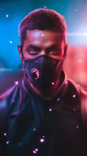 Cyberpunk man wearing a mask with glowing lights
