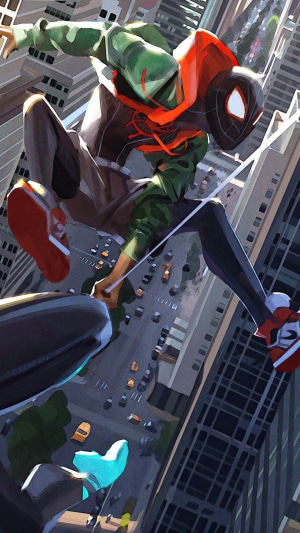 Miles Morales Spider-Man swinging through a city
