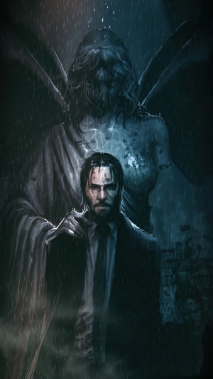John Wick with Angelic Figure in Rain