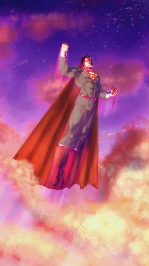 Superman flying through clouds