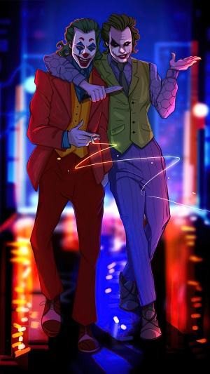 Two Jokers in a city at night
