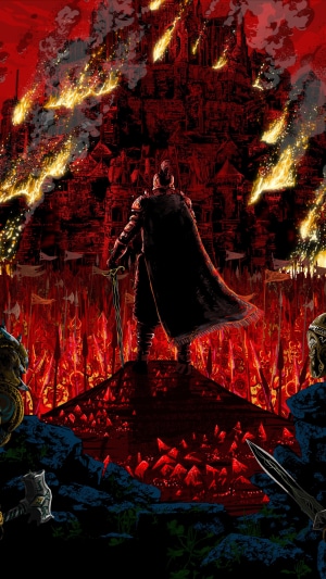 Knight overlooking burning castle and army