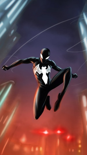 Spider-Man in Black Suit Swinging Through City