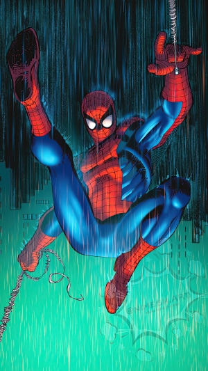 Spider-Man swinging through the rain