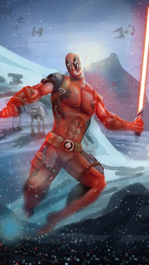 Deadpool with a lightsaber on a snowy planet