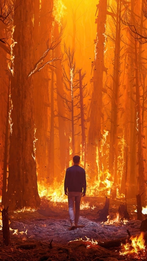 Man walking through a burning forest 4K