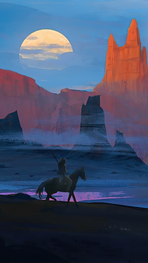 Digital art of a lone rider in a desert landscape