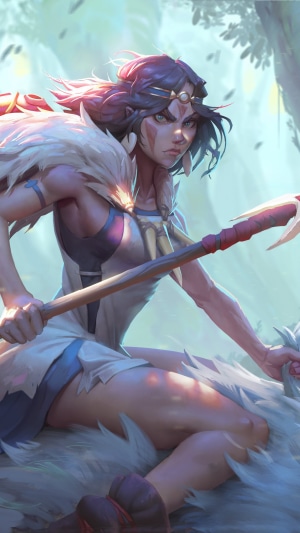 Warrior girl with spear in forest