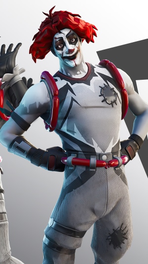Fortnite clown character with red hair and white makeup