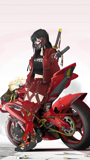 Cyberpunk girl with katana on a red motorcycle