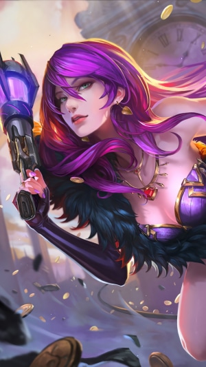Woman with purple hair holding a gun