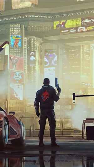 Man with gun in Cyberpunk 2077 city