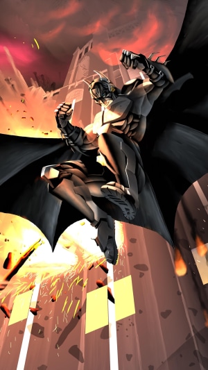 Batman in a dynamic pose with explosions in the background