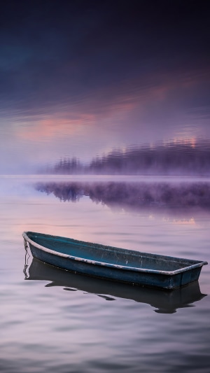 A blue boat on a misty lake at sunrise
