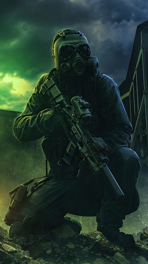 Soldier in gas mask with rifle