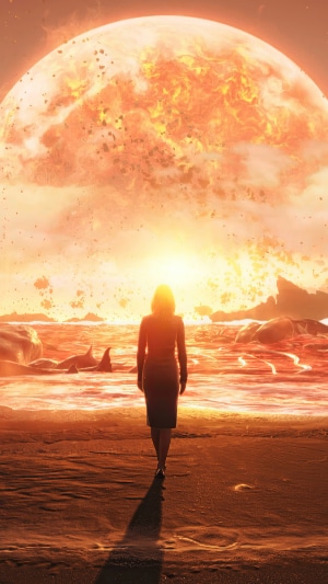 Woman walks towards a large explosion in Death Stranding 4K