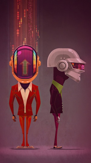 Daft Punk robots in suits with helmets