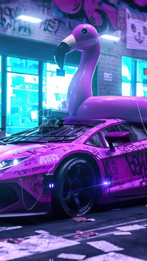 Purple Lamborghini with Inflatable Flamingo and Graffiti