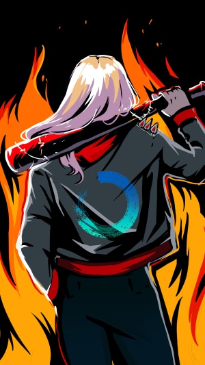 Person with baseball bat in front of flames
