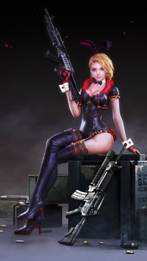Woman in bunny outfit with guns