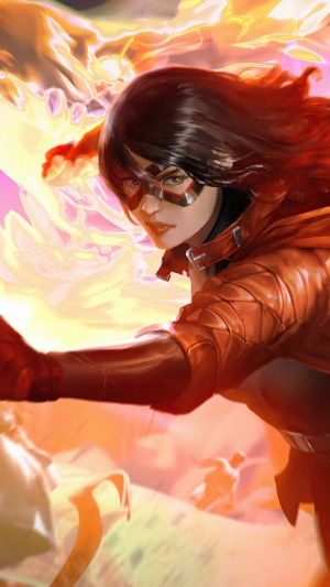 Artwork of a woman with a mask and red jacket