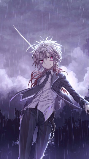 Anime boy with white hair and red eyes holding a sword in the rain