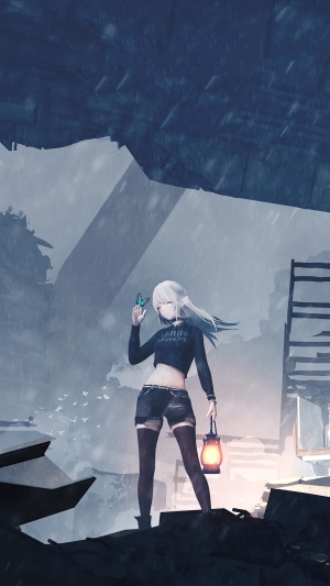 Anime girl with butterfly and lantern in ruins