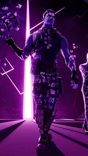 Fortnite character with purple glowing symbols