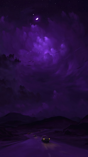 Purple Night Sky with Moon and Cars on Road