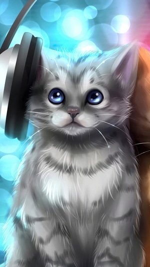 Digital art of a kitten wearing headphones