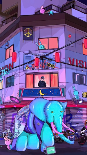 Neon city street with elephant and pig artwork