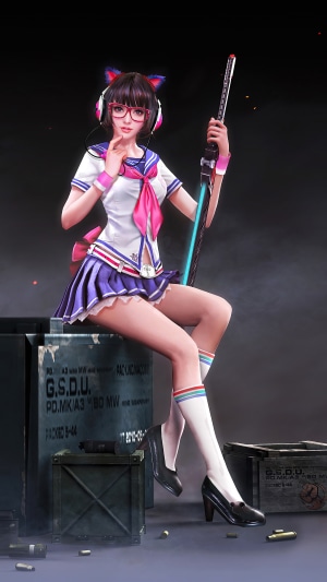 Girl with cat ears and headphones holding a sword