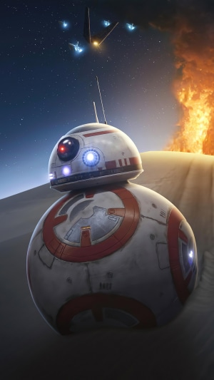 BB-8 from Star Wars in a desert landscape with explosions