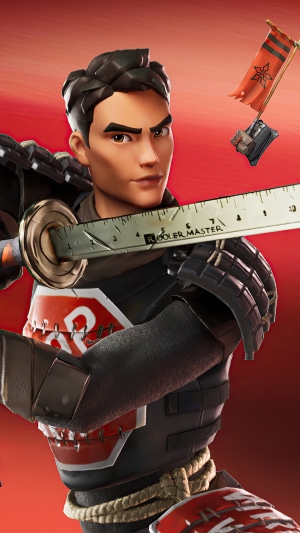 Fortnite character with ruler sword and flag
