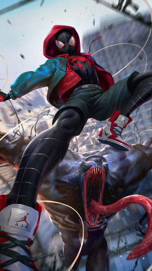 Miles Morales and Venom in a digital art illustration