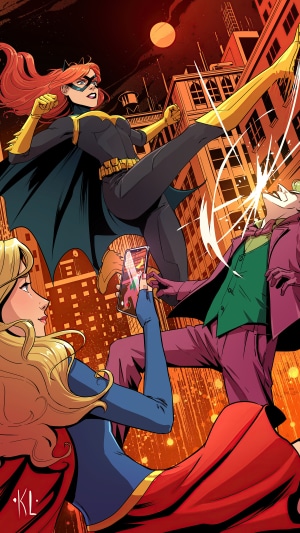 Batgirl and Supergirl fight the Joker