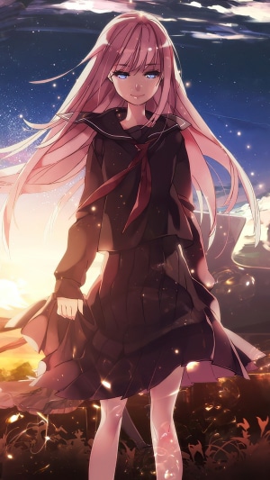 Anime girl with pink hair in a school uniform