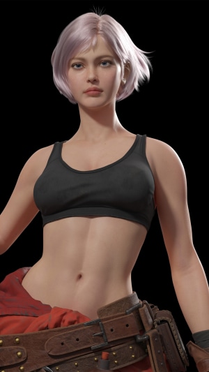 Woman with short pink hair in black sports bra and red pants