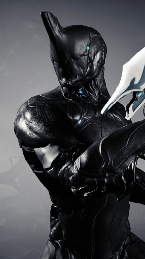 Warframe character in black suit with blue eyes