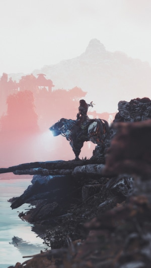 Aloy riding a mechanical creature in Horizon Zero Dawn