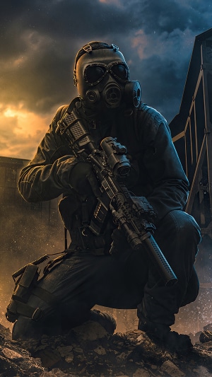 Soldier with gas mask and rifle in 4K