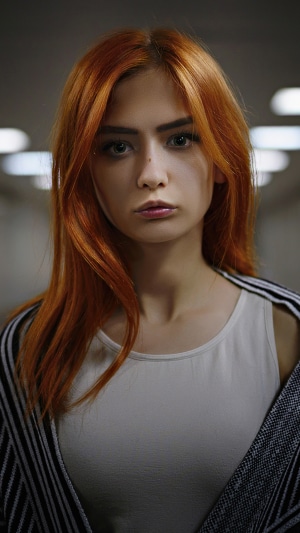 Redhead girl in a white top and striped cardigan
