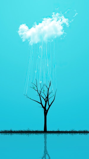 Minimalist artwork of a tree with letters falling from a cloud