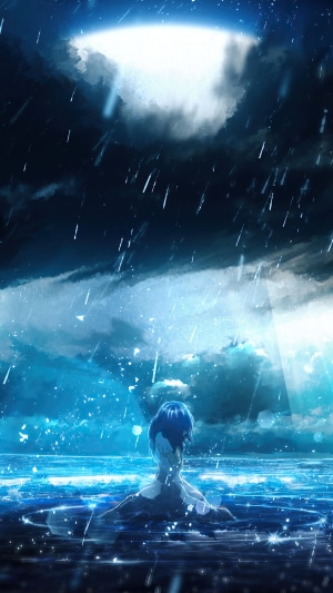 Anime girl in water during a storm