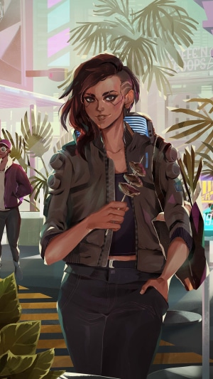 Woman holding food on a stick in Cyberpunk 2077