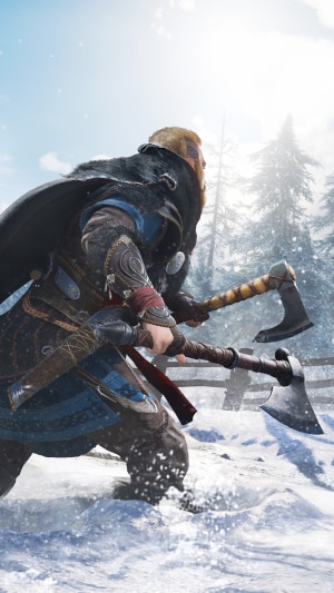 Eivor from Assassin's Creed Valhalla in snow